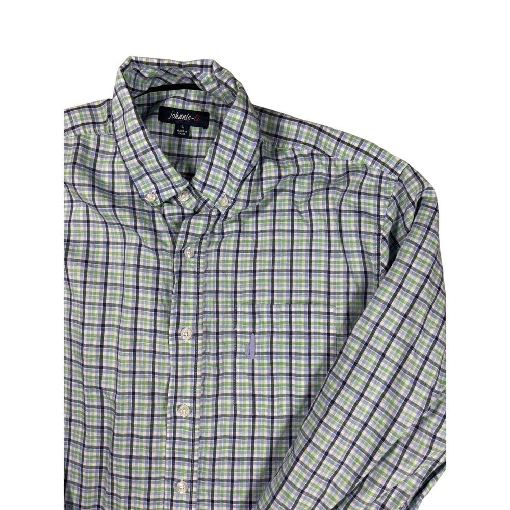 Johnnie-O Mens Large Plaid Cotton Linen Button Down Shirt Blue Green Long Sleeve